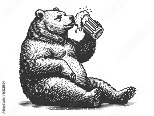 bear drinking beer from mug, humorous and whimsical elements with artistic detail sketch engraving generative ai fictional character vector illustration. Scratch board imitation. Black and white image