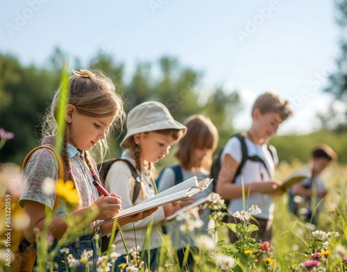  A group of children on a field trip in nature, in their hands holding notebooks and pens. generative ai photo