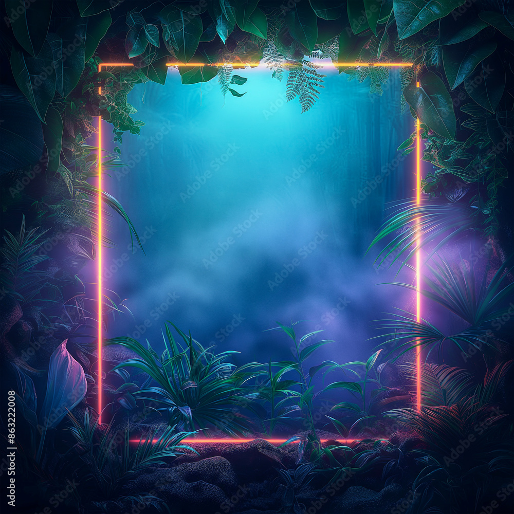 Fototapeta premium Neon Botanical Wall Art with Tropical Plants and Glowing Frame - Modern Home Decor