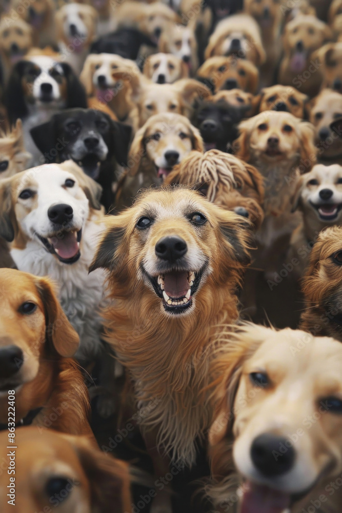 Group of various breeds of dogs gathered closely together, all smiling and looking at the camera.. Group of various breeds of dogs gathered closely together, all smiling and looking at the camera..