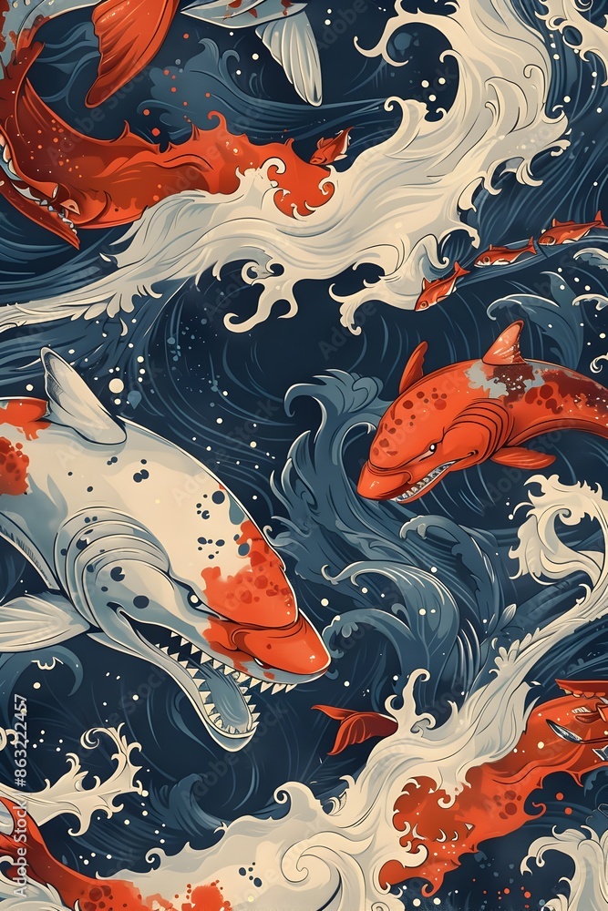 Seamless Pattern of Vibrant Aquatic Creatures and Rhythmic Ocean Waves Seamless Pattern of Vibrant Aquatic Creatures and Rhythmic Ocean Waves