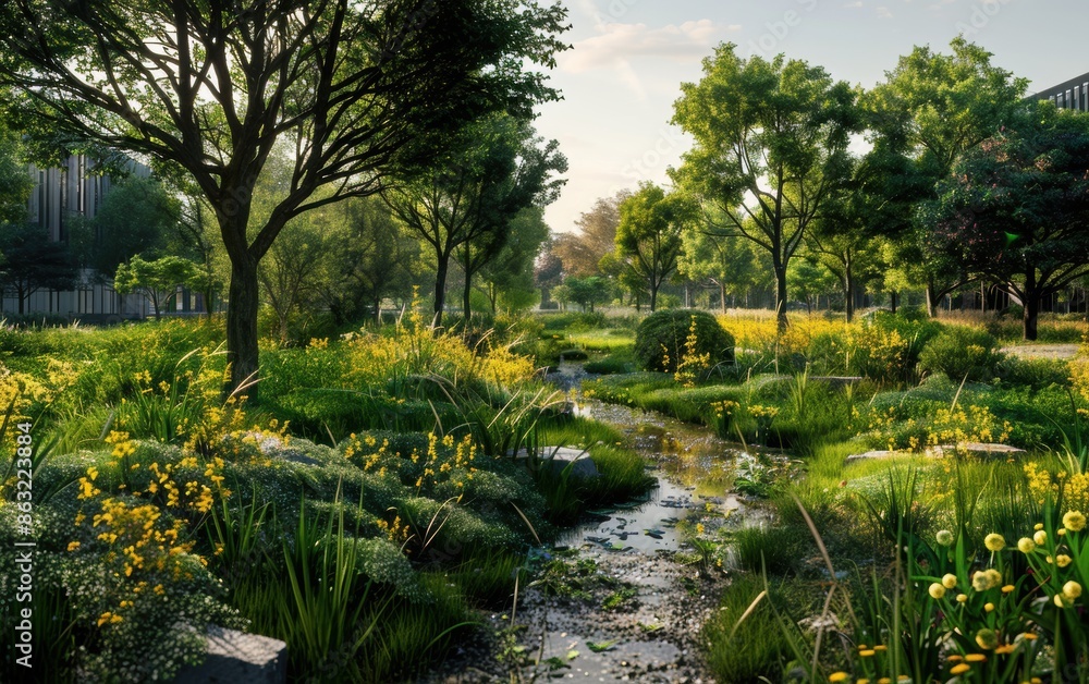 Tranquil garden with a winding stream and lush greenery in early morning light Tranquil garden with a winding stream and lush greenery in early morning light