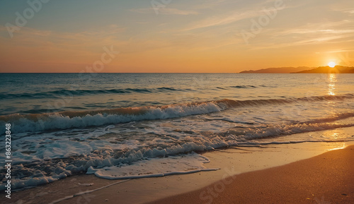 Fototapeta Naklejka Na Ścianę i Meble -  Closeup sea sand beach. Panoramic beach landscape. Inspire tropical beach seascape horizon. Orange and golden sunset sky calmness tranquil relaxing sunlight summer mood. Vacation travel holiday banner