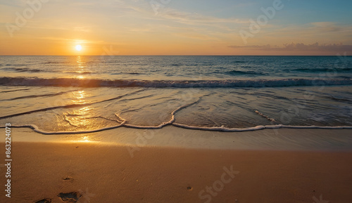 Fototapeta Naklejka Na Ścianę i Meble -  Closeup sea sand beach. Panoramic beach landscape. Inspire tropical beach seascape horizon. Orange and golden sunset sky calmness tranquil relaxing sunlight summer mood. Vacation travel holiday banner