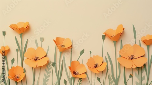 Colorful Orange California Poppy Flowers on cream colored background in a paper-cut art style.