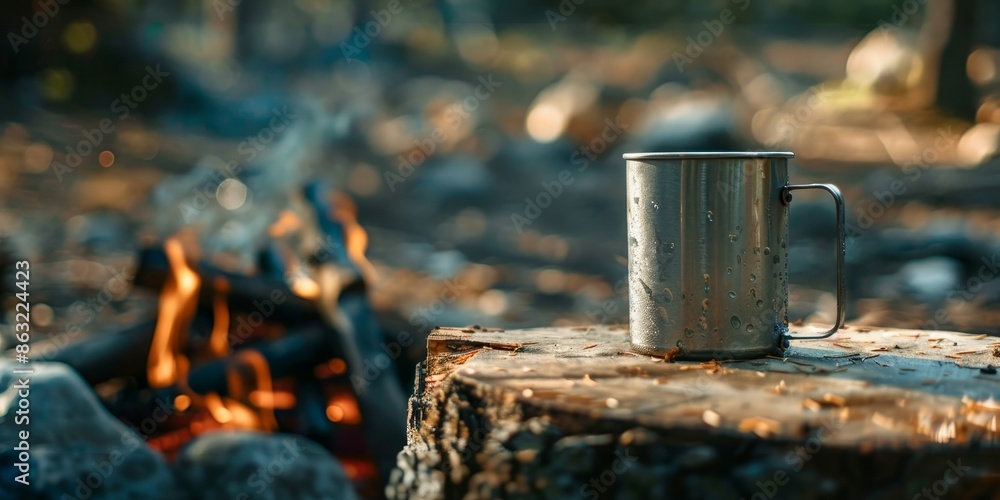 An iron camping mug stands on a stump next to a fire close-up on a blurred background of a forest river An iron camping mug stands on a stump next to a fire close-up on a blurred background of a forest river