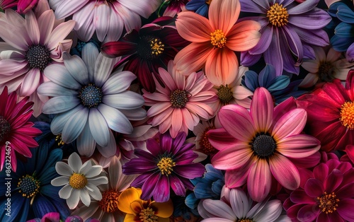 Floral textured background with detailed close-ups of different flowers, capturing the vibrant colors, delicate petals