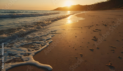 Fototapeta Naklejka Na Ścianę i Meble -  Closeup sea sand beach. Panoramic beach landscape. Inspire tropical beach seascape horizon. Orange and golden sunset sky calmness tranquil relaxing sunlight summer mood. Vacation travel holiday banner