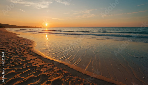 Fototapeta Naklejka Na Ścianę i Meble -  Closeup sea sand beach. Panoramic beach landscape. Inspire tropical beach seascape horizon. Orange and golden sunset sky calmness tranquil relaxing sunlight summer mood. Vacation travel holiday banner