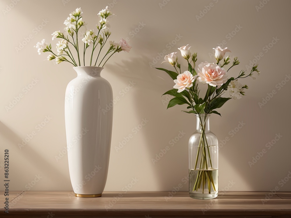 Elegant vases with delicate flowers in a minimalist home setting Elegant vases with delicate flowers in a minimalist home setting
