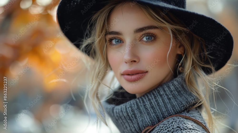 Outdoor fashion portrait of glamour sensual young stylish lady wearing trendy fall outfit , black hat , grey sweater and leather bag. Cold season. Red lips. Warm clothes Outdoor fashion portrait of glamour sensual young stylish lady wearing trendy fall outfit , black hat , grey sweater and leather bag. Cold season. Red lips. Warm clothes