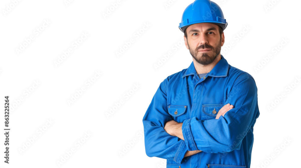 A technical man standing with folded arms and wearing blue a outfit on transparent background A technical man standing with folded arms and wearing blue a outfit on transparent background
