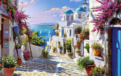 Fototapeta Naklejka Na Ścianę i Meble -  Charming Mediterranean village with white buildings and blue domes by the sea during sunset