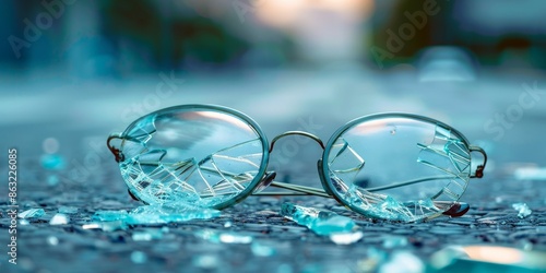 Broken glasses close-up lie on the asphalt of the road surface © dwoow