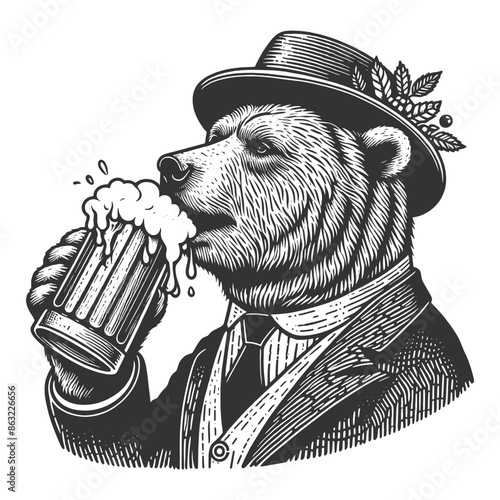 dapper bear wearing a suit and hat, drinking beer from a mug, blending sophistication with humor sketch engraving generative ai vector illustration. Scratch board imitation. Black and white image.
