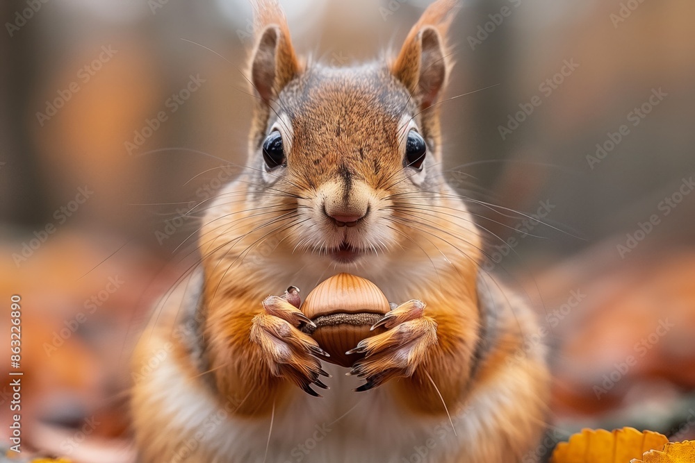 Close Up Of A Squirrel Holding An Acorn In A Forest Close Up Of A Squirrel Holding An Acorn In A Forest