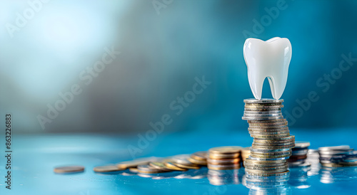 Tooth on a stack of coins on a blue background business and medicine.