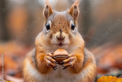 Close Up Of A Squirrel Holding An Acorn In A Forest © fotofabrika
