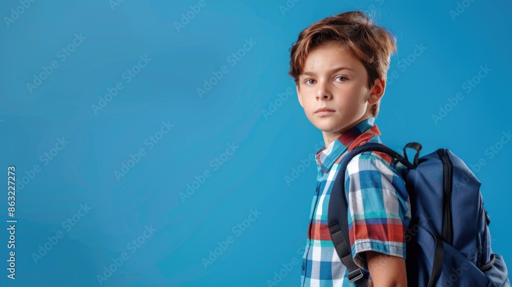 A cheerful smiling little boy with a backpack is having fun on the background of a blue wall and points to your text. The concept of the school. back to school. A cheerful smiling little boy with a backpack is having fun on the background of a blue wall and points to your text. The concept of the school. back to school.