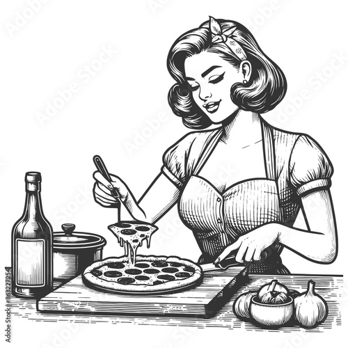 woman cooking making pizza, capturing vintage kitchen vibes and culinary charm sketch engraving generative ai fictional character vector illustration. Scratch board imitation. Black and white image.