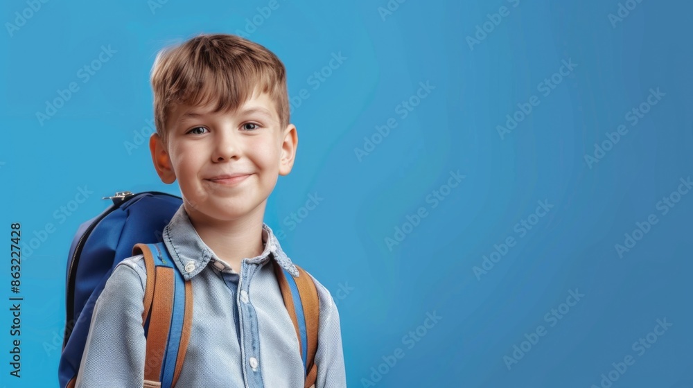 A cheerful smiling little boy with a backpack is having fun on the background of a blue wall and points to your text. The concept of the school. back to school.
