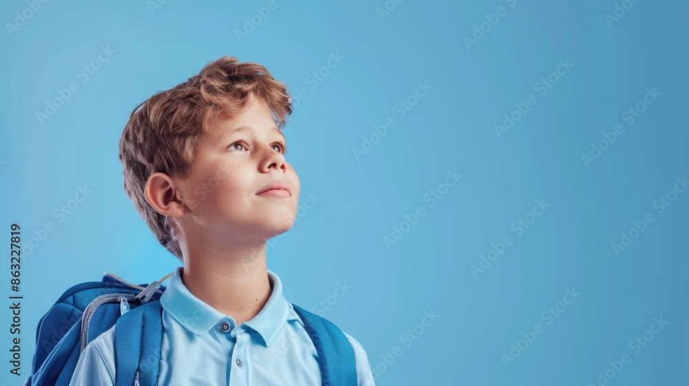 A cheerful smiling little boy with a backpack is having fun on the background of a blue wall and points to your text. The concept of the school. back to school. A cheerful smiling little boy with a backpack is having fun on the background of a blue wall and points to your text. The concept of the school. back to school.