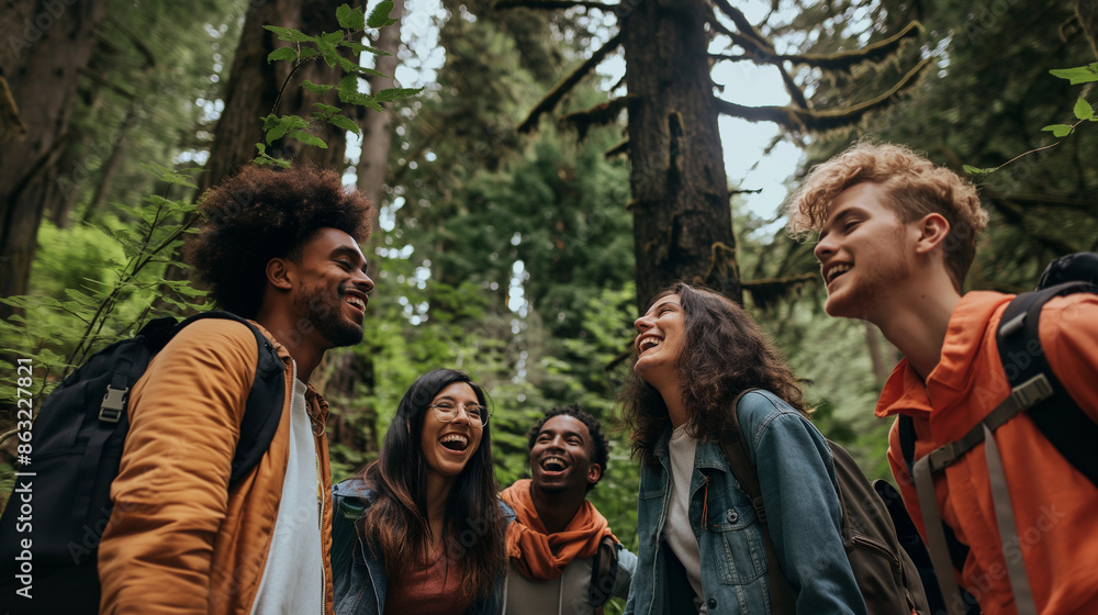 A group of people are smiling and laughing in a forest A group of people are smiling and laughing in a forest