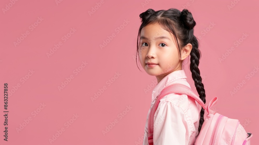 A cheerful smiling asian little girl with a backpack is having fun on the background of a pink wall and points to your text. The concept of the school. back to school. A cheerful smiling asian little girl with a backpack is having fun on the background of a pink wall and points to your text. The concept of the school. back to school.