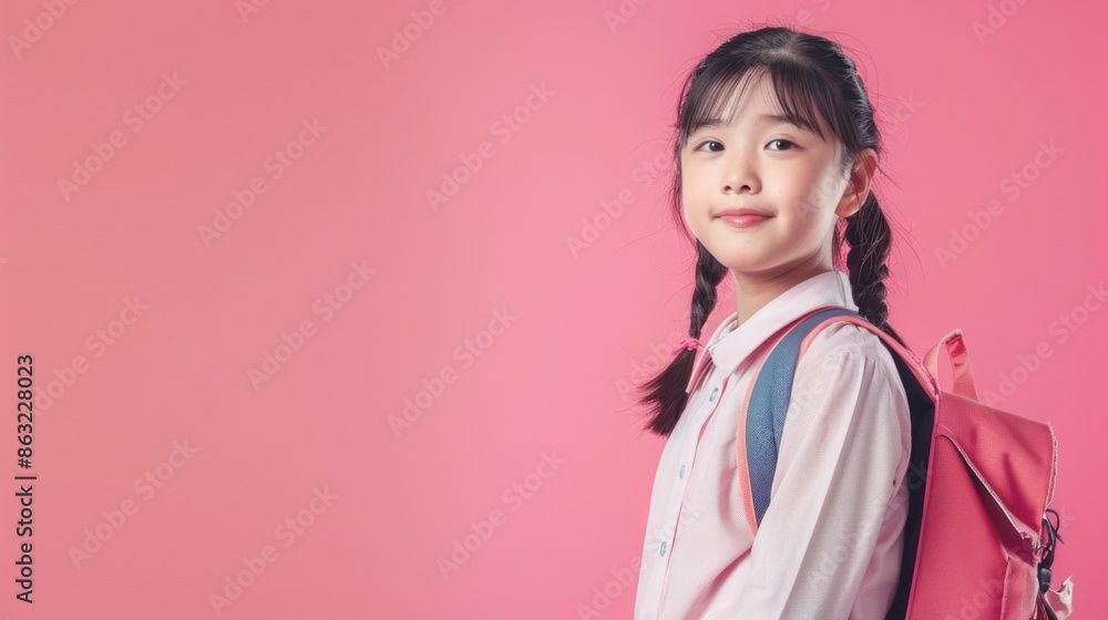A cheerful smiling asian little girl with a backpack is having fun on the background of a pink wall and points to your text. The concept of the school. back to school. A cheerful smiling asian little girl with a backpack is having fun on the background of a pink wall and points to your text. The concept of the school. back to school.