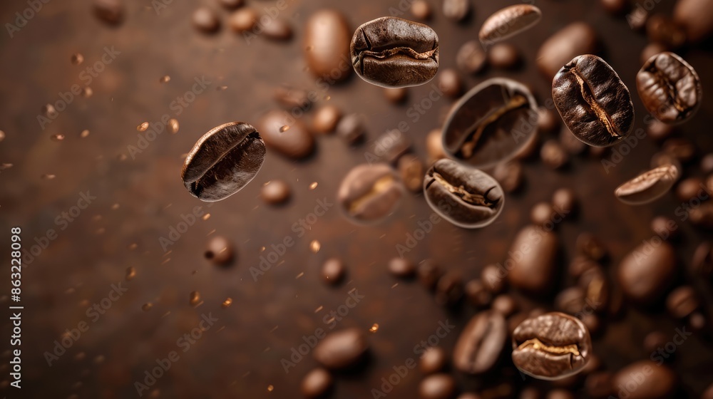 Dark-brown roasted coffee beans in freeze flying in air against dark brown background Dark-brown roasted coffee beans in freeze flying in air against dark brown background