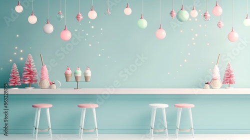 A pastel-colored cafe decorated for Christmas with hanging ornaments, pink trees, and minimal design, evoking a festive, cozy atmosphere.