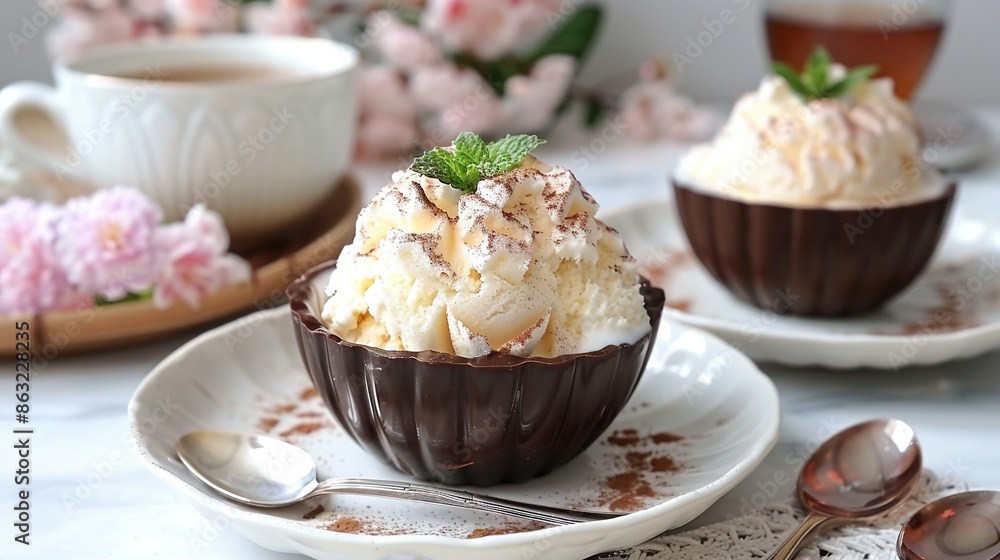 A photo of a dessert on a plate with coffee and spoon A photo of a dessert on a plate with coffee and spoon