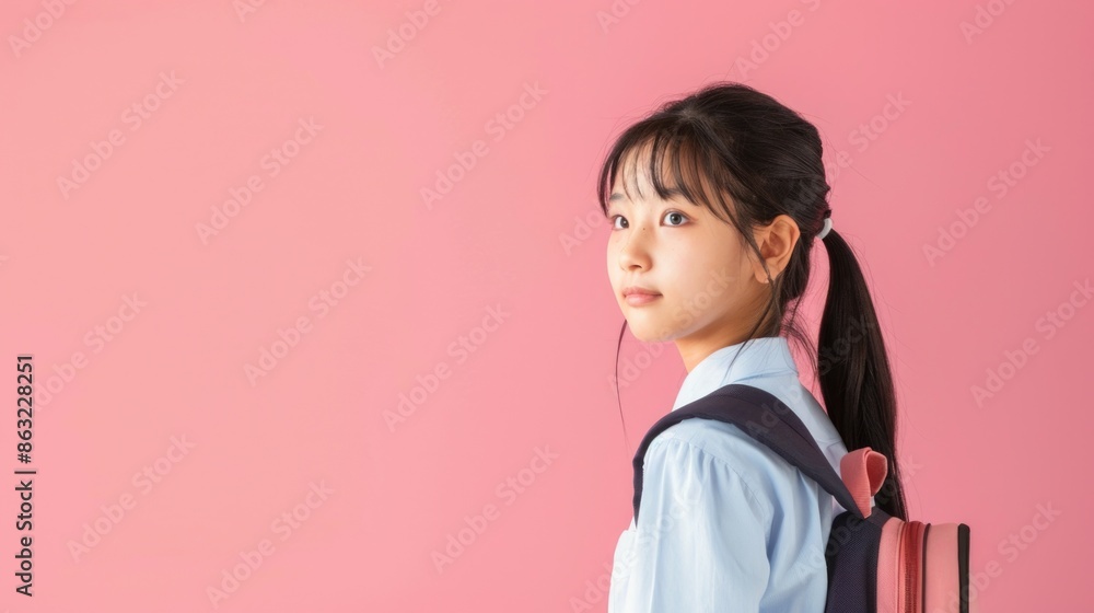 A cheerful smiling asian little girl with a backpack is having fun on the background of a pink wall and points to your text. The concept of the school. back to school. A cheerful smiling asian little girl with a backpack is having fun on the background of a pink wall and points to your text. The concept of the school. back to school.