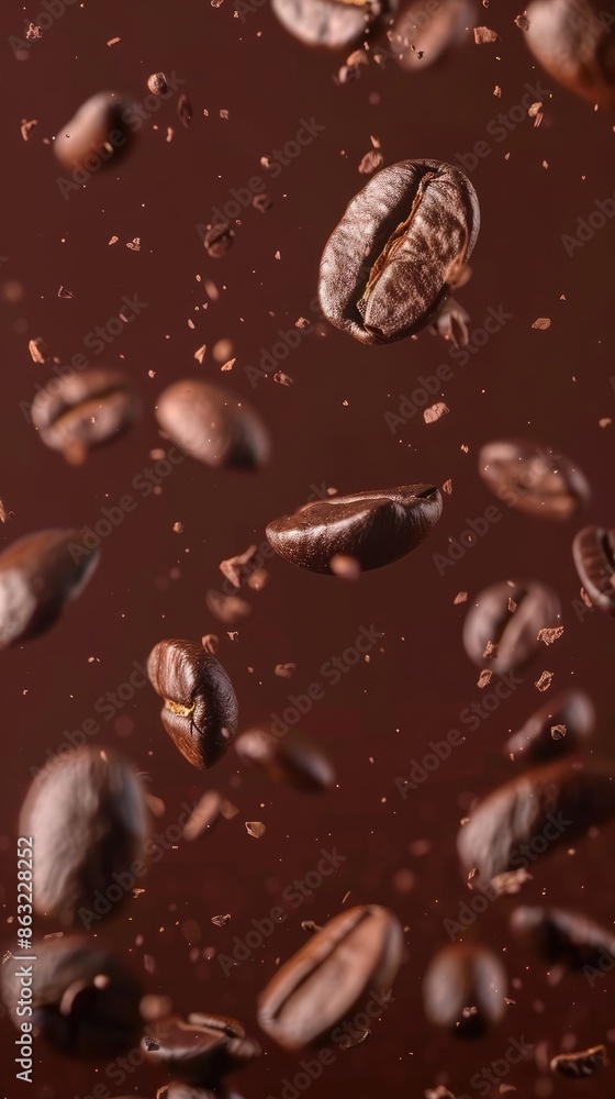 Dark-brown roasted coffee beans in freeze flying in air against dark brown background Dark-brown roasted coffee beans in freeze flying in air against dark brown background