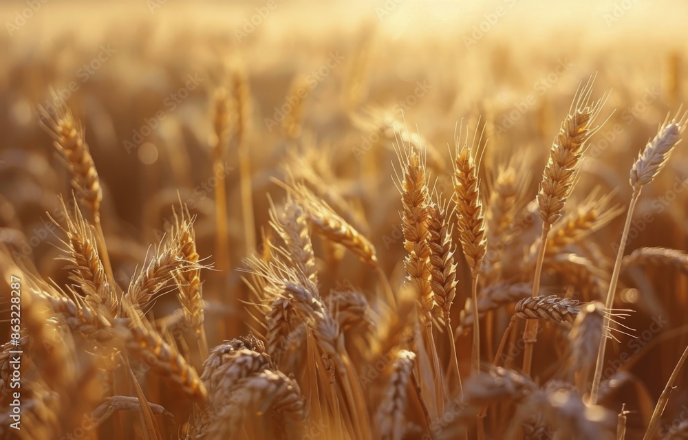 Fototapeta premium Golden Wheat Field At Sunset In Rural Setting