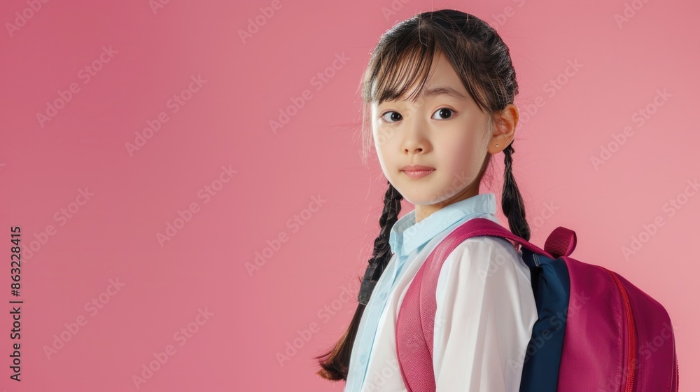 A cheerful smiling asian little girl with a backpack is having fun on the background of a pink wall and points to your text. The concept of the school. back to school. A cheerful smiling asian little girl with a backpack is having fun on the background of a pink wall and points to your text. The concept of the school. back to school.