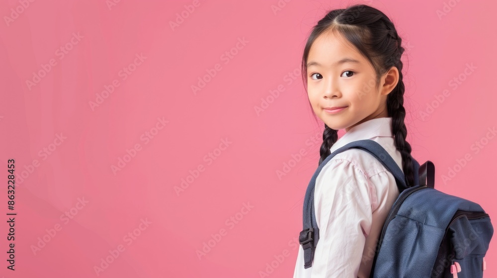 A cheerful smiling asian little girl with a backpack is having fun on the background of a pink wall and points to your text. The concept of the school. back to school. A cheerful smiling asian little girl with a backpack is having fun on the background of a pink wall and points to your text. The concept of the school. back to school.
