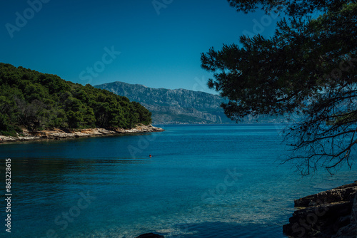 Beautiful view of the sea and mountains from the island Brac in Croatia while traveling in Europe. photo