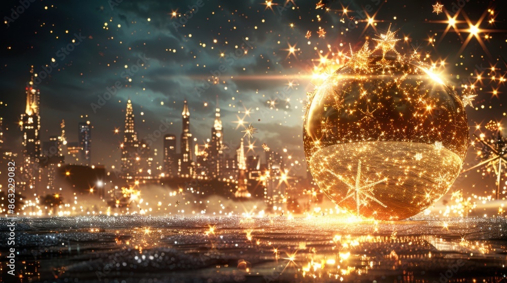 A mesmerizing 8K cinematic still of a shiny gold disco ball amidst sparkling lights, set against a nighttime cityscape with glittering skyscrapers. A mesmerizing 8K cinematic still of a shiny gold disco ball amidst sparkling lights, set against a nighttime cityscape with glittering skyscrapers.