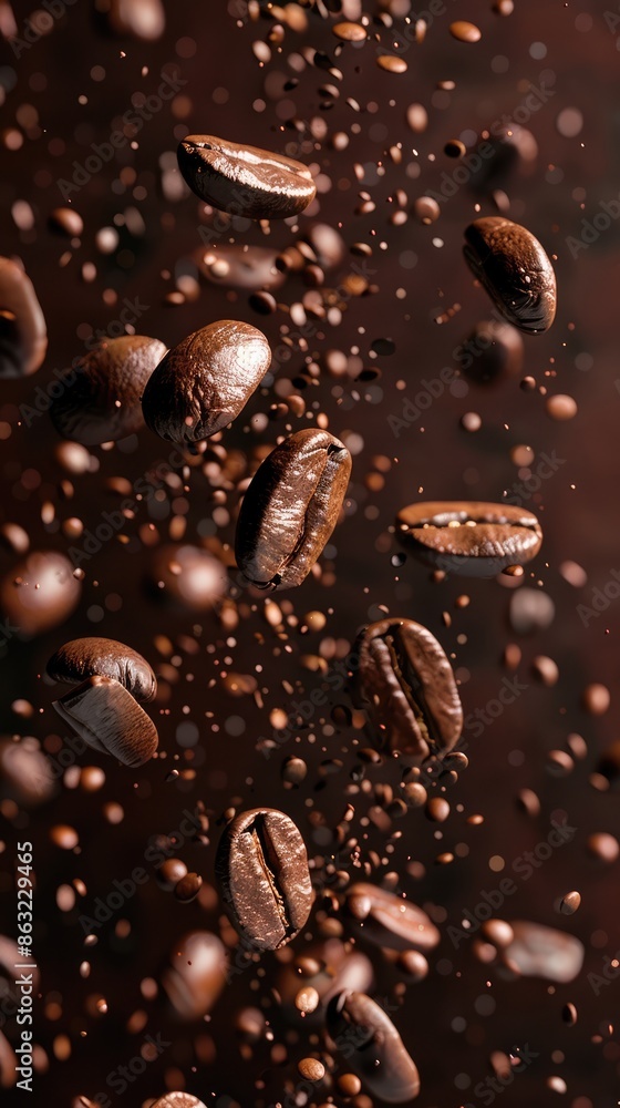 Dark-brown roasted coffee beans in freeze flying in air against dark brown background Dark-brown roasted coffee beans in freeze flying in air against dark brown background