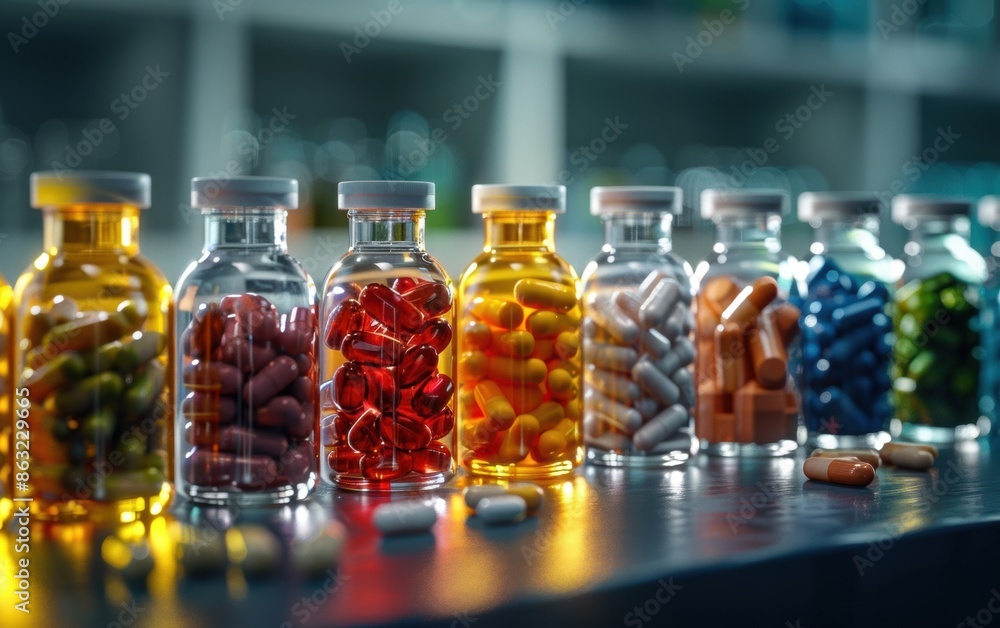 Colorful Vitamins and Supplements in Glass Bottles on the Shelf Colorful Vitamins and Supplements in Glass Bottles on the Shelf