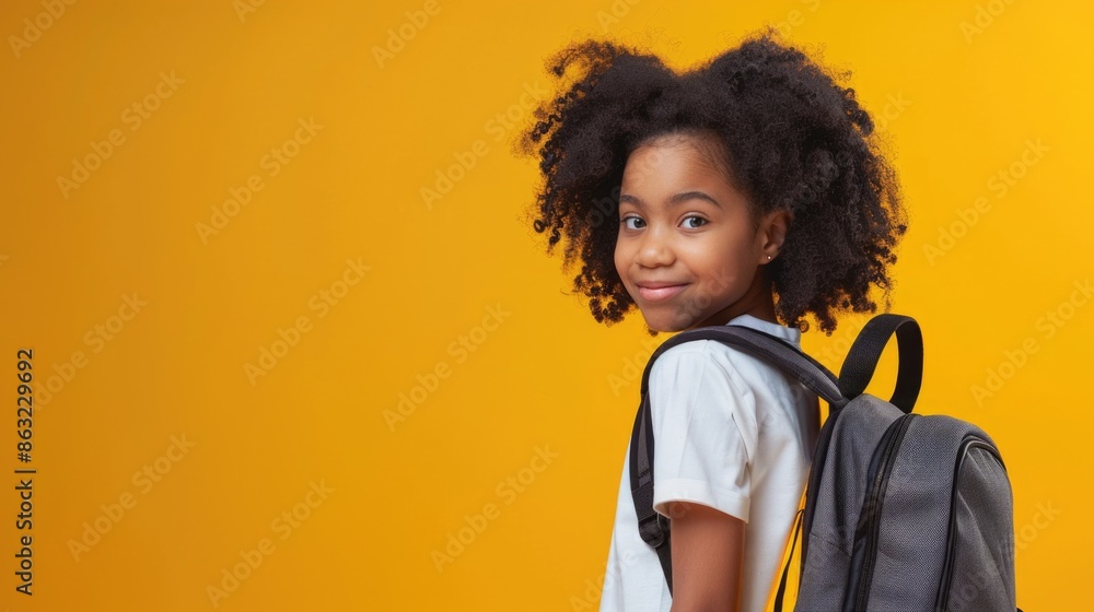A cheerful smiling black little girl with a backpack is having fun on the background of a yellow wall and points to your text. The concept of the school. back to school. A cheerful smiling black little girl with a backpack is having fun on the background of a yellow wall and points to your text. The concept of the school. back to school.