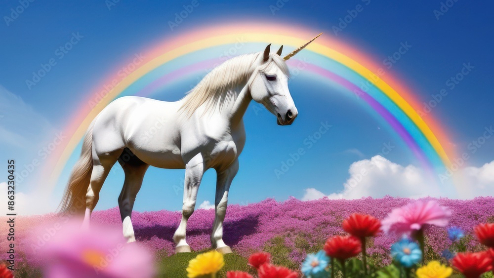 Farytale unicorn, rainbow, flowers, space for text Farytale unicorn, rainbow, flowers, space for text