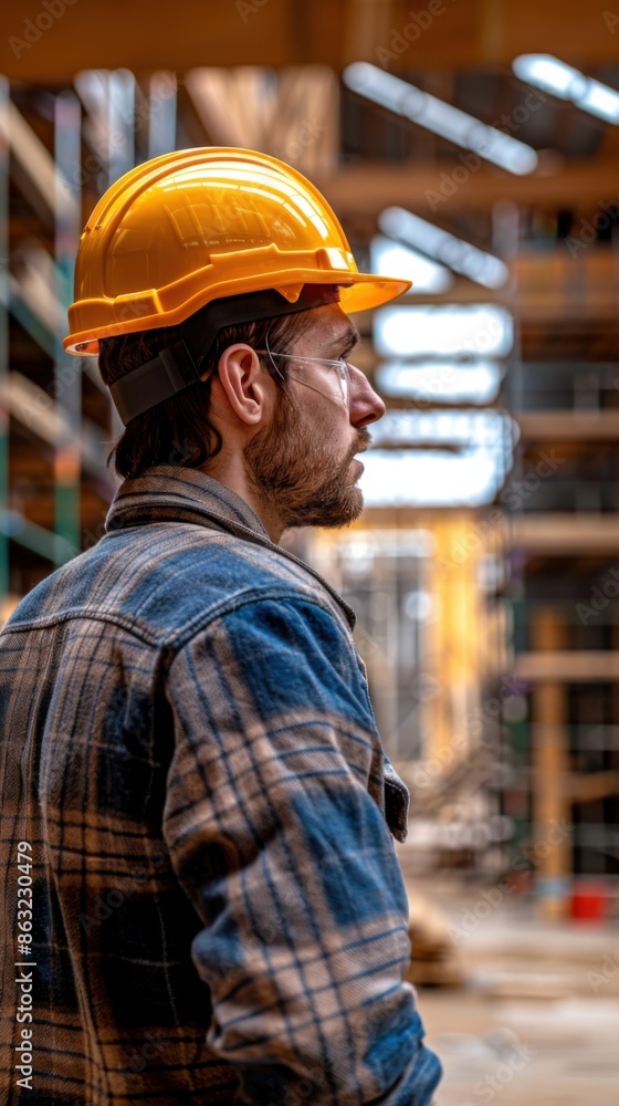 The image depicts a construction worker wearing a yellow hard hat and a plaid shirt, overlooking an ongoing construction site, emphasizing safety and focused work. The image depicts a construction worker wearing a yellow hard hat and a plaid shirt, overlooking an ongoing construction site, emphasizing safety and focused work.