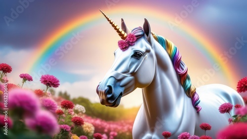 Farytale unicorn, rainbow, flowers, space for text © Kateryna