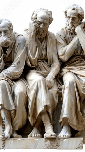 A set of marble statues depicting three philosophers in contemplative poses. The statues are highly detailed and isolated with a transparent background.