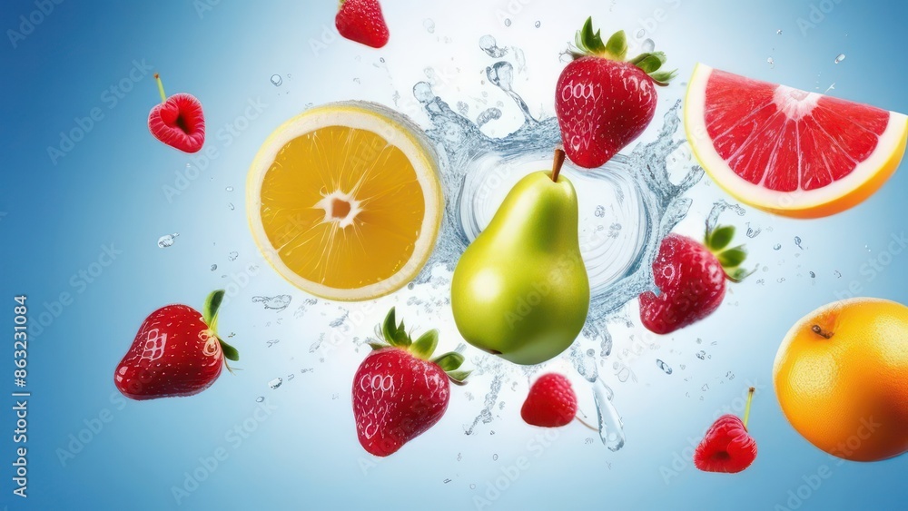 Fruits flying through the air, space for text, light background Fruits flying through the air, space for text, light background