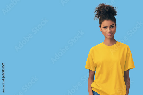 A woman with curly hair in a yellow shirt smiles confidently against a blue background. photo