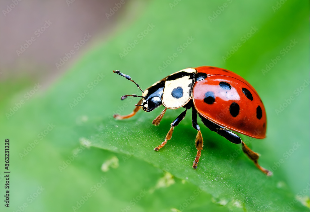 Fototapeta premium Ladybird on green leaf