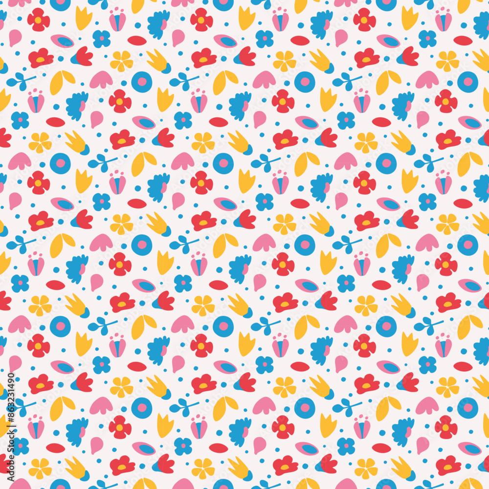 Seamless pattern with abstract and floral elements. Simple flat illustration. Carefree, cheerful ornament Seamless pattern with abstract and floral elements. Simple flat illustration. Carefree, cheerful ornament